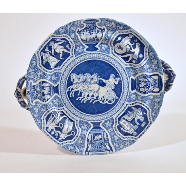 Neoclassical Spode Blue and White Greek Pattern Hot Water Dishes, Zeus in His Chariot, a Pair For Sale - Image 3 of 8