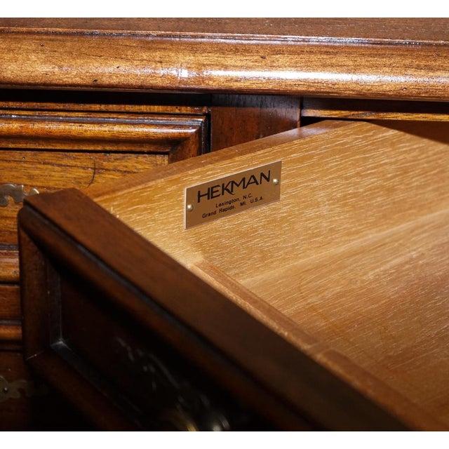Brown Vintage Hekman Usa Twin Pedestal Desk with Brown Leather Top Brass Handles For Sale - Image 8 of 18