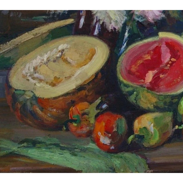 1980s Original Still Life Oil Painting: Flowers and Food, Art 78-88 For Sale - Image 4 of 6