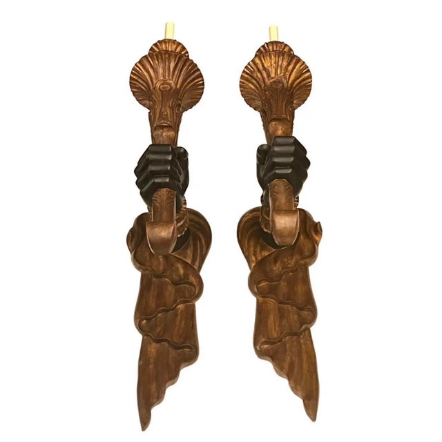 Traditional Mid 20th Century Large Hand Carved Italian Venetian Hand Sconces, Black Lacquer and Gold Leaf. Not Electrified. For Sale - Image 3 of 8