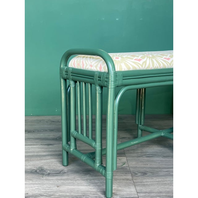 1970s Palm Beach Style Green Lacquered Bench With Floral Upholstery For Sale - Image 4 of 10