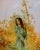 The artwork depicts a young woman in a flowing green dress, standing amidst a vibrant landscape filled with lush foliage...