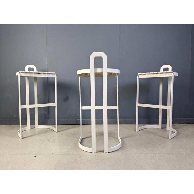 Set of 3 post modern bar stools by Allmilmö. White metal frames with cool bentwood seats. 1980s - Germany In good...