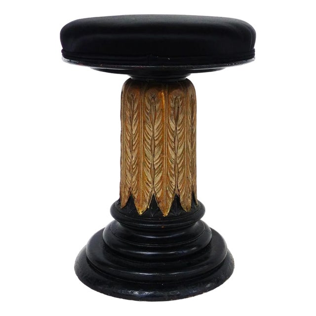 Antique Giltwood Ebonized Piano Stool With Velvet Upholstered Seat For Sale