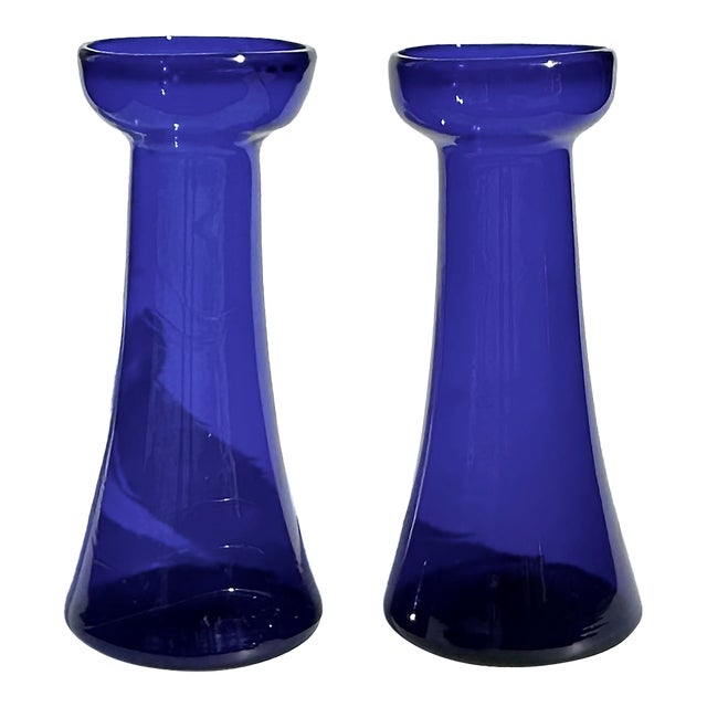Pair Antique Cobalt Glass Bulb Forcing Vases For Sale