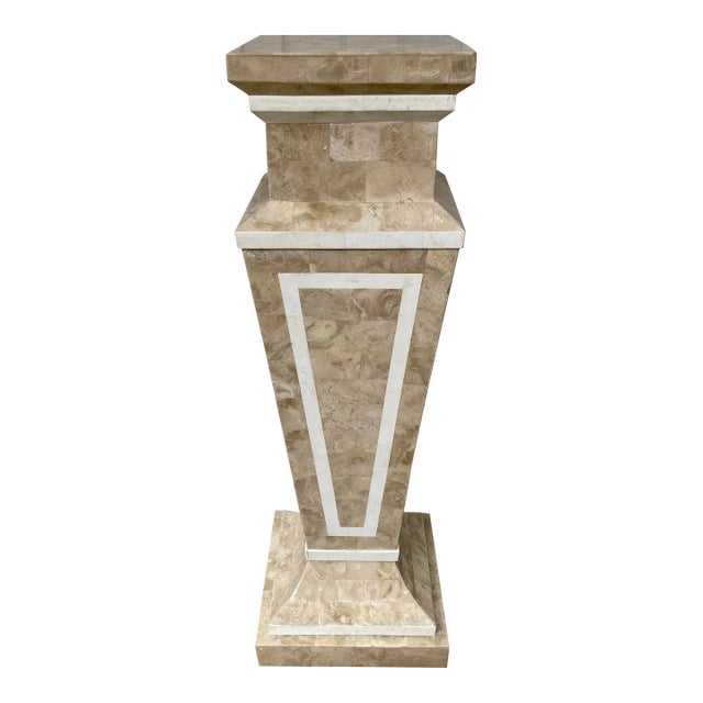 Late 20th Century Tessellated Stone Cream White Modern Pedestal Sculpture Display For Sale