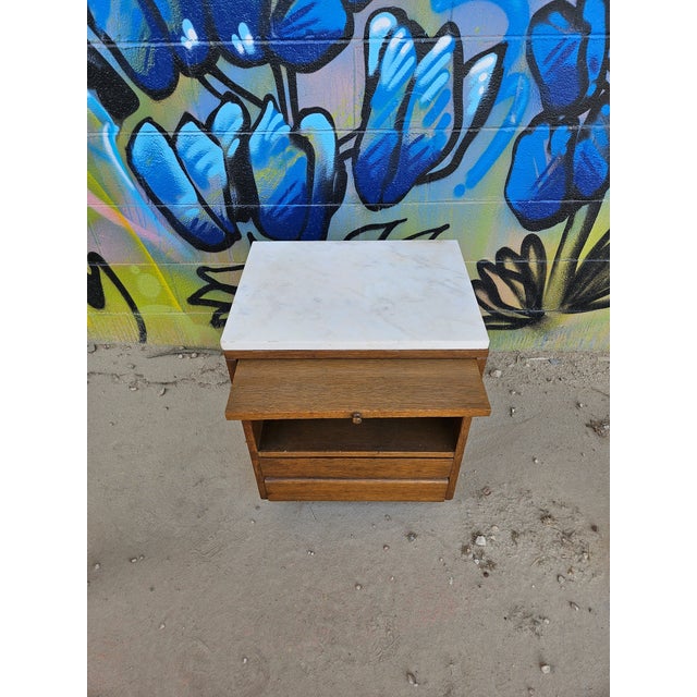 1970s Vintage Mid-Century Oak Nightstand With Marble Top For Sale - Image 5 of 8