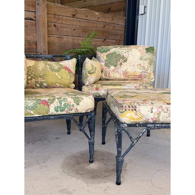 Vintage Coastal Chinoiserie Faux Bamboo Aluminum Modular Lounge Seating With Ottoman For Sale - Image 11 of 12
