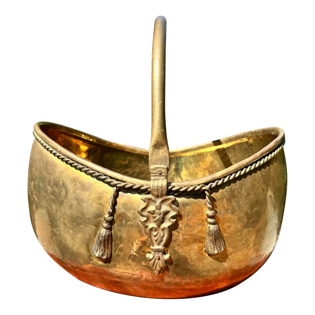 Mid 20th Century Large Sold Brass Decorative Basket With Tassel Accents and Movable Handle For Sale