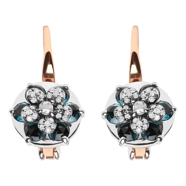 18K Rose and White Gold 1/3 Cttw Round Diamonds and Round London Blue Topaz Gemstone Cluster Floral Drop Hoop Earrings (G-H Color, SI1-SI2 Clarity) For Sale