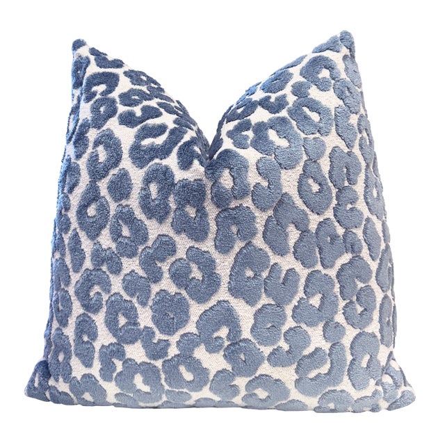 Cerulean Blue Leopard 20x20 Velvet Throw Pillow With Feather Down Insert For Sale