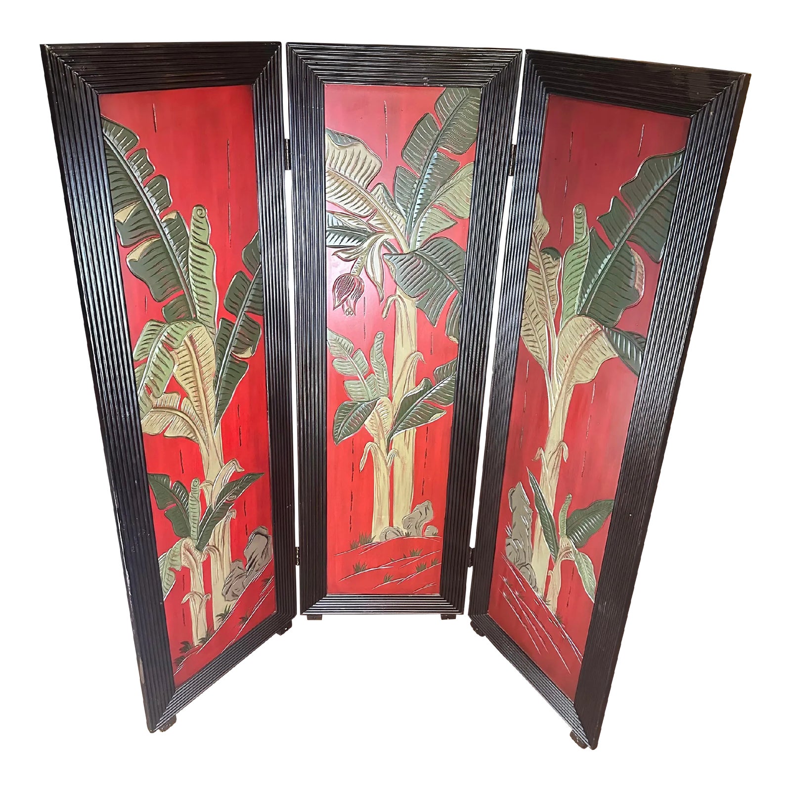 20th Century Three-Panel Asian Screen in Red With Palm Leaf Accent ...