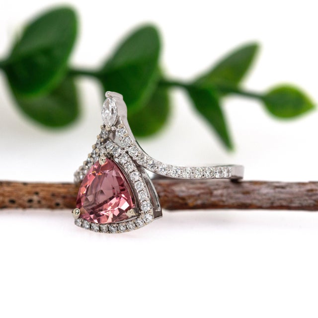 1.7cts Pink Tourmaline and Earth Mined Diamonds Ring in 14k Solid White Gold For Sale - Image 4 of 8