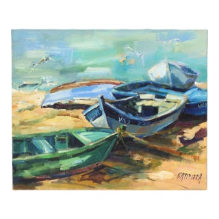 Liliane Paumier French Brittany Harbor Boats Oil Painting For Sale