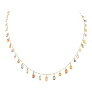 Multi Color 18k Yellow Gold Dangling Multi Sapphire Chain Necklace For Sale