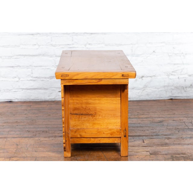 Brown Antique Chinese Elm Wood & Bronze Hardware Carved Spandrel Sideboard For Sale - Image 8 of 13