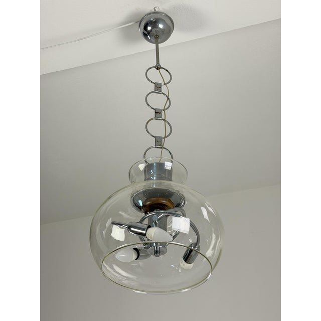 Silver Glass and Steel 3-Light Pendant, Italy, 1970s For Sale - Image 8 of 8