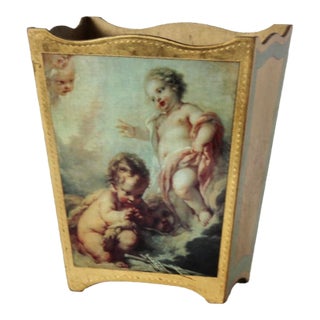 Italian Florentine Gold Gilt Finish Decoupage Cherubs Wastebasket Vintage Mid-Century For Sale