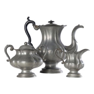1830's Dixon & Son Pewter Coffee Pot, Creamer and Sugar For Sale