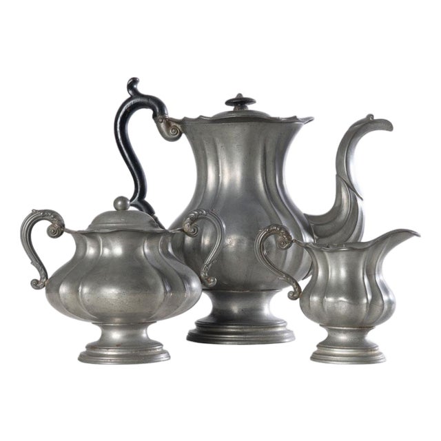 1830's Dixon & Son Pewter Coffee Pot, Creamer and Sugar For Sale