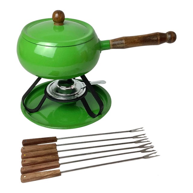 Vintage Mid Century Modern Gourmet Fondue Set Green Enamel- 12 Pieces For Sale
