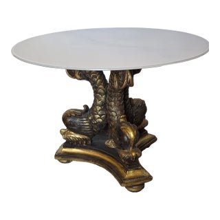 Dolphin Koi Fish Italian Carved Wood Base Faux Carrera Marble Glass Top For Sale