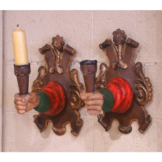 Italian 20th Century Italian Carved Polychrome Figural Arm Form Wall Sconces, Set of 4 For Sale - Image 3 of 10
