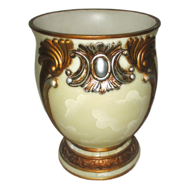 Vintage Hollywood Regency Ornate Pearlize Faux Marble With Bronze & Silver Accents Wastebasket For Sale