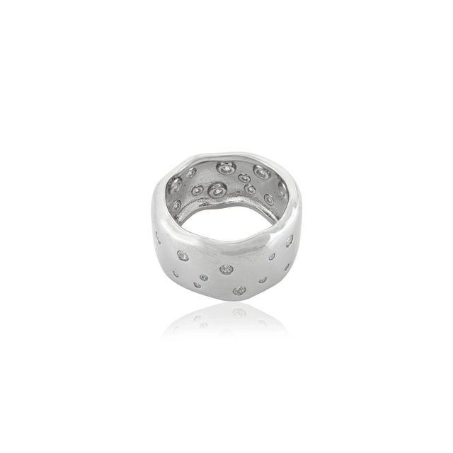 Metal Carat&Her Molten Silver Scatter Ring, Wide Cigar Band With Cz Studded Size 6 For Sale - Image 7 of 12