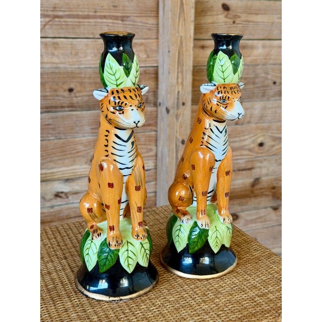 Vintage Regency Leopard Figural Ceramic Candlestick Holders Manner of Lynn Chase-Pair For Sale - Image 11 of 12
