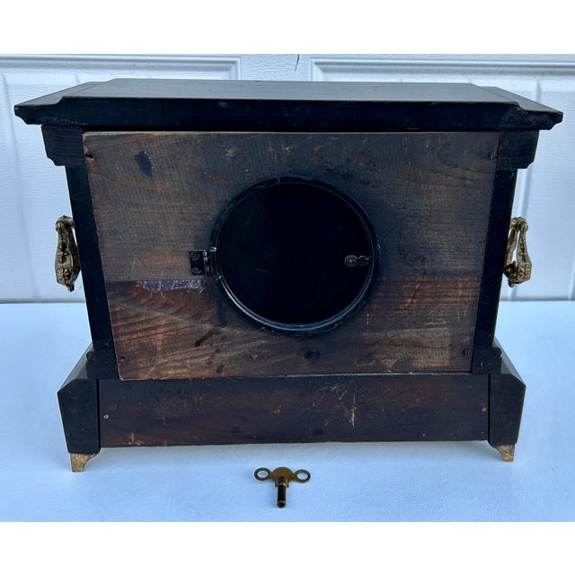 Antique E. Ingraham Adrian Mantle Clock Faux Green Marble Double Pillars W/Key For Sale - Image 15 of 15