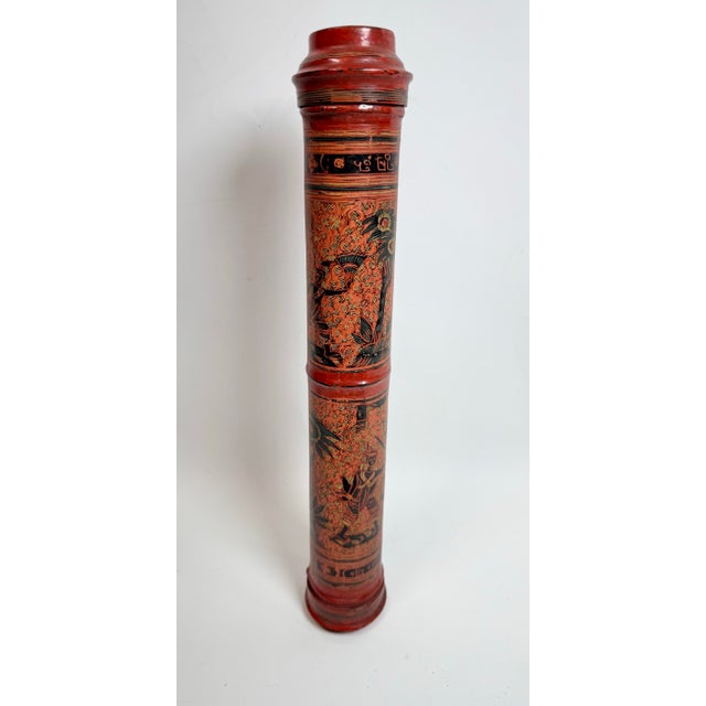 Red 19th C Burmese Lacquered Bamboo Manuscript Tube W/ Inscription, Original Lid, 14” Sa Dauk For Sale - Image 8 of 12
