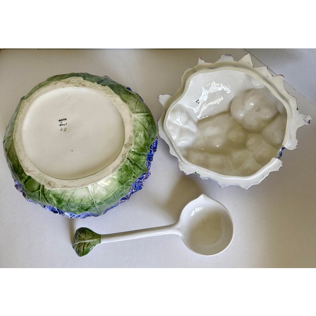 1970s Italian Sculptural Hydrangea Ceramic Tureen With Leaf Ladle For Sale - Image 10 of 12
