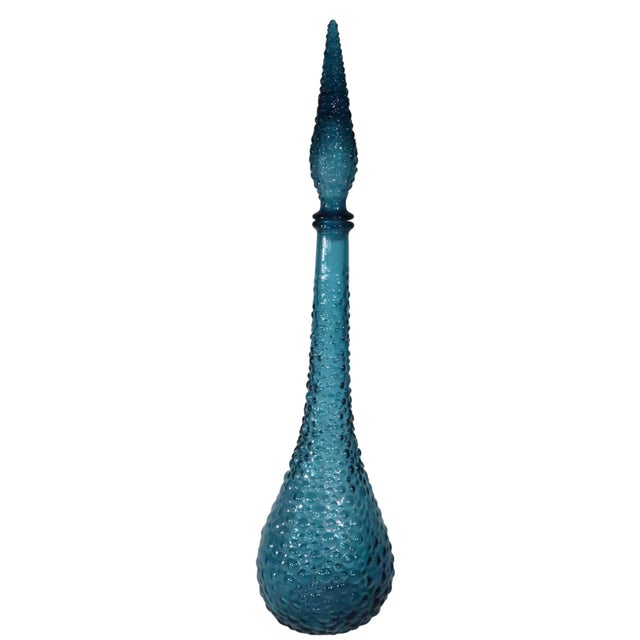 Teal Vintage Empoli Genie Teal Blue Dimpled Bottle With Stopper Made in Italy C. 1960's For Sale - Image 8 of 12