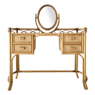 Vintage Glass Top Wicker Bamboo Dressing Table with Mirror by Angraves of Leicester, 1970s For Sale
