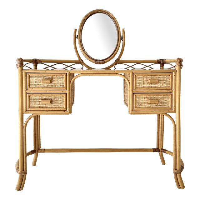Vintage Glass Top Wicker Bamboo Dressing Table with Mirror by Angraves of Leicester, 1970s For Sale