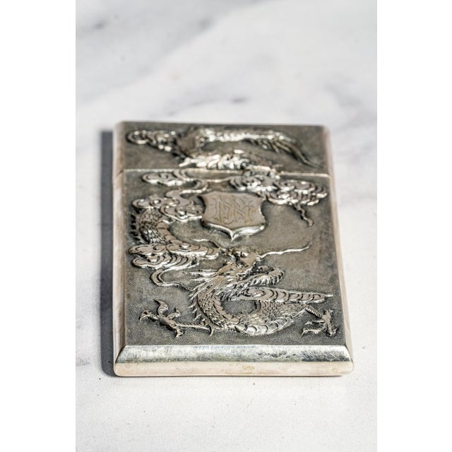 Refined Antique Chinese Export 900 Silver Calling Card Case Holder Dragon Bamboo Bird Asian Design For Sale - Image 15 of 17