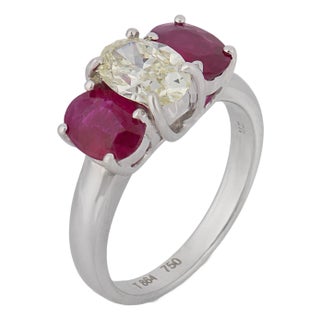 Vintage 3.10 Carat Diamond and Ruby 18k White Gold Three Stone Ring, Size 6.25 For Sale