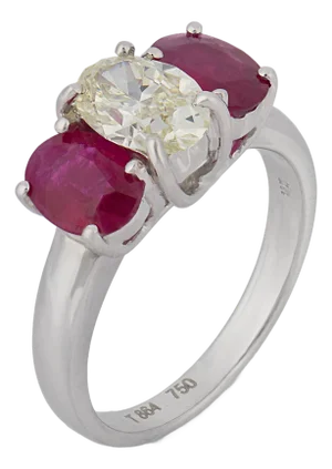 Vintage 3.10 Carat Diamond and Ruby 18k White Gold Three Stone Ring, Size 6.25