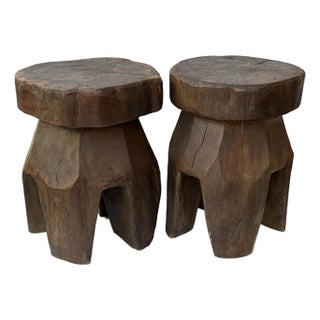 Mid-Century Modern Pair of Brutalist Massive Wood Mushroom Stools. Italy, 1960s For Sale
