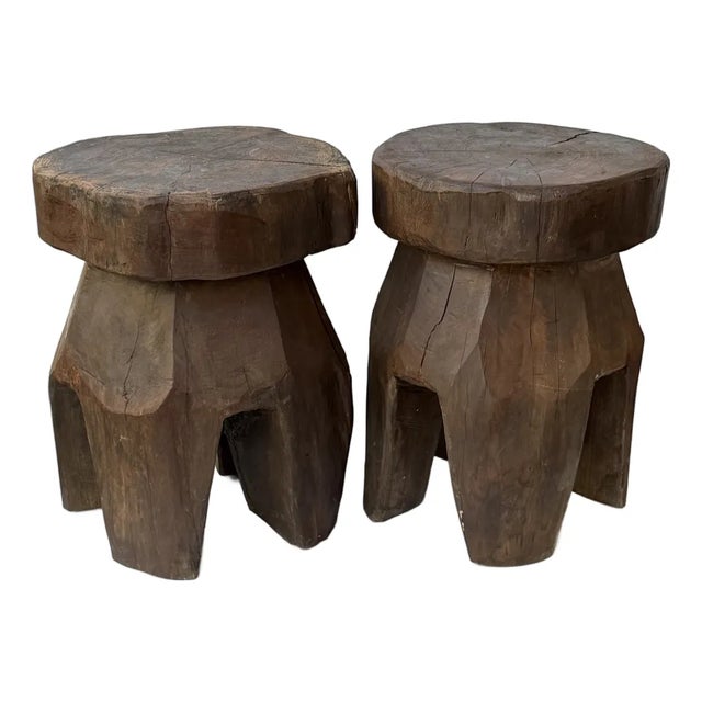 Mid-Century Modern Pair of Brutalist Massive Wood Mushroom Stools. Italy, 1960s For Sale