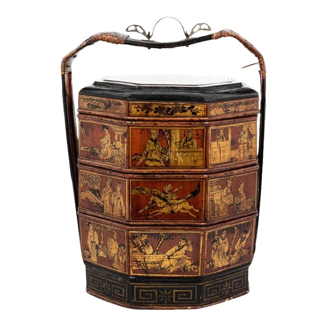 Vintage Chinese Hand Painted 3 Tier Wedding Basket/Lunch Box For Sale