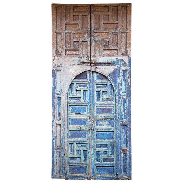 Sky Blue 1940s Vintage Moroccan Old Hand Painted Double Door For Sale - Image 8 of 8