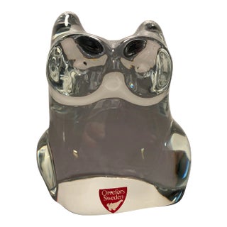 Mid-Century Orrefors Sweden Crystal Owl Paper Weight For Sale