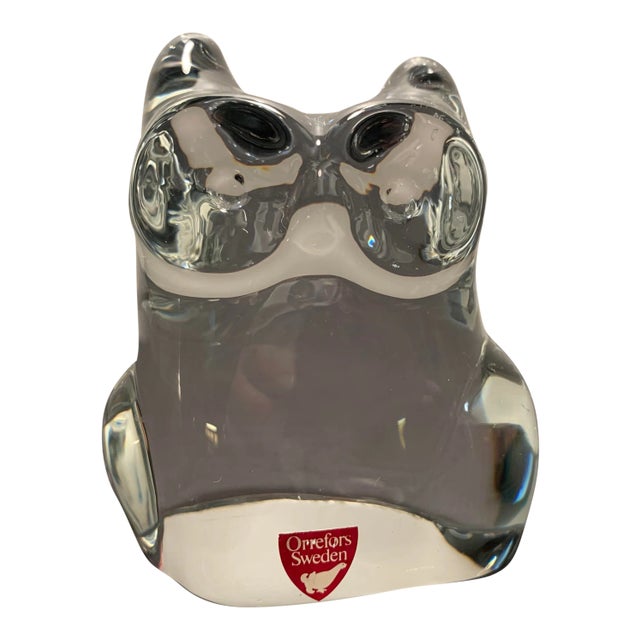 Mid-Century Orrefors Sweden Crystal Owl Paper Weight For Sale