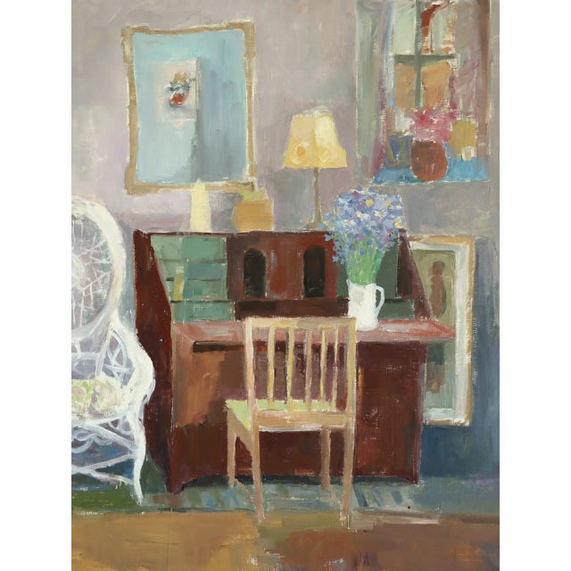 Brown 1964 Mid-Century Modern 'Interior With Desk' Original Vintage Swedish Interior Scene Oil Painting, Framed For Sale - Image 8 of 12