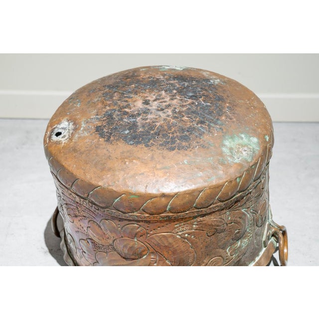Rustic Large Antique Copper Cauldron with Two Handles and Relief Decoration For Sale - Image 3 of 6