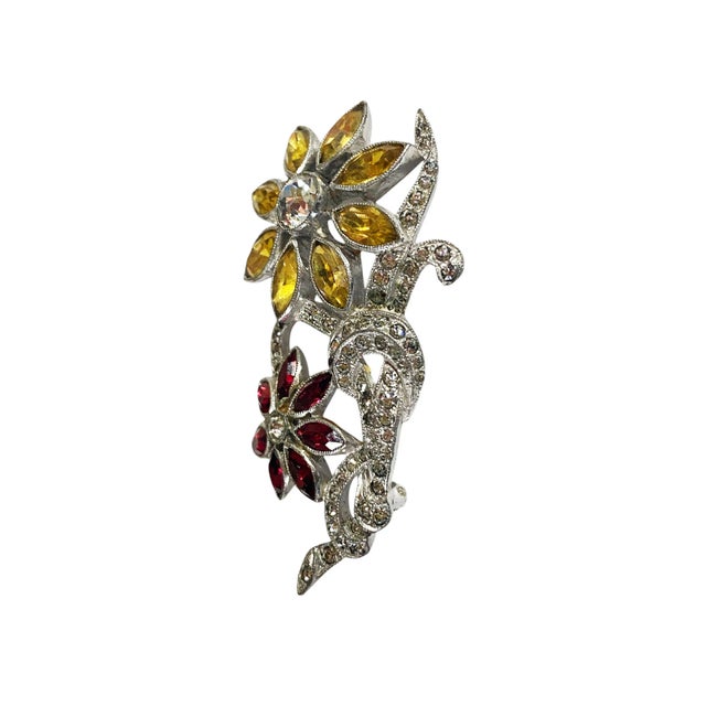 Vintage Flower Brooch Pin Silver Tone Floral Rhinestones Daisies For Sale - Image 4 of 4