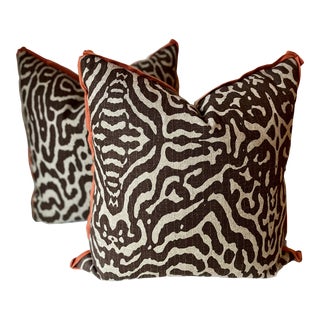 Zebra Print Linen Lacefield Pillows-Feather Inserts-Orange Trim-A Pair For Sale