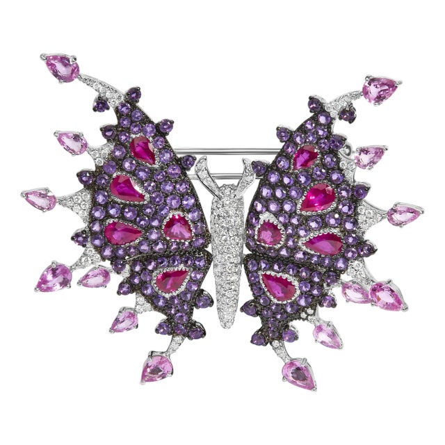 18K White Gold 1.00 Cttw Diamond, Ruby Sapphire, and Amethyst Mixed Gemstone Butterfly Brooch Pin (G-H Color, VS1-VS2 Clarity) For Sale